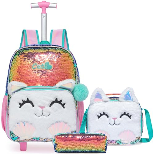 Egchescebo Kids Rolling Cats Backpack for Girls Plush Trolley Suitcases Luggage Travel with Wheels Bookbag Wheeled 17 Roller Backpacks Set Toddler Back Pack School Bags for Elementary Champagne