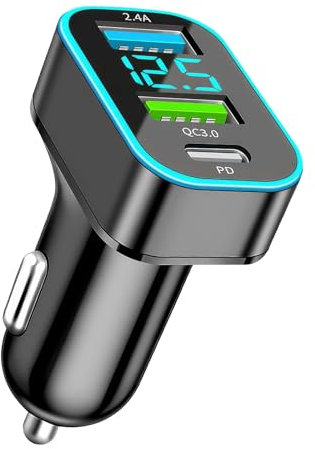 Caricabatteria da Auto USB C 66W, Adattatore Accendisigari con QC3.0, PD 30W e USB 2.4A, Adattatore Accendisigari, Voltmetro LED Integrato, Compatibile con Smartphone e Tablet