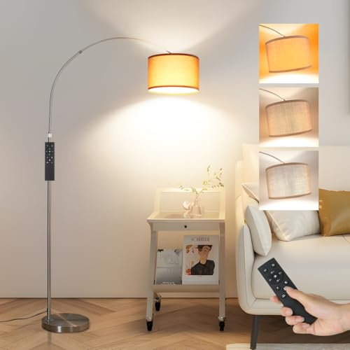 ANTENLICHT AURA Lampada ad Arco con Telecomando | Lampada da Terra Regolabile per Salotto | Include LED E27 + Paralume in Tessuto Marrone 33 cm | Design Argentato Vintage per Camera, Hotel