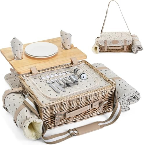 Multifunctional Wicker Picnic Basket Set for 2 with Blanket and Picnic Table, Insulated Picnic Set with Full Tablewares for Camping Outdoor Couples,Cherry