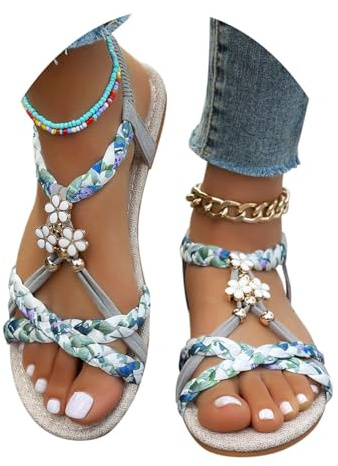Minetom Sandalen Damen Flache Sandaletten Casual Boho Bequeme Peep Toe Strand Sommerschuhe A Blau 39 EU