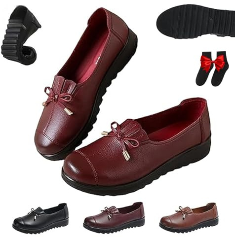 Mocassini da donna comodi, in pelle traspirante, con fiocco, ortopedici, con fondo morbido antiscivolo, leggeri, con punta rotonda, per lavoro, guida, scarpe da mamma, Rosso, 36 EU