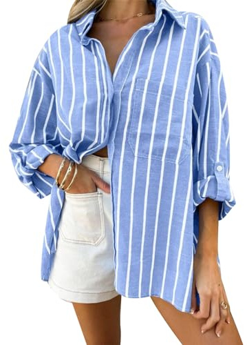 MINTLIMIT Women's Striped Button Down Shirts Striped Long Sleeve Blouse Tops with Pocket