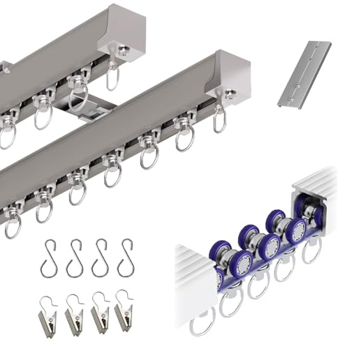 Aluminium dubbelstång 50–500 cm med tysta rullar tak/väggmonteringsklämmor och hoo för sovrum rumsavdelare balkong – champagne h (60 cm/2 fot)