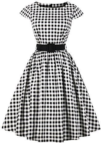 Axoe Damen 50er Jahre Audrey Hepburn Vintage Kleid Rockabilly Cocktail Partykleid Polka Dot- Gr. M (38), Weiß Karierter