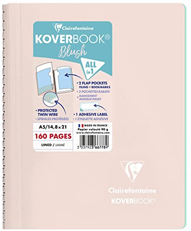 Clairefontaine 366778C - One Spiral Notebook Koverbook Blush Powder Pink - A5 14,8x21 cm - 160 Lined Pages - White Paper 90 g - Enveloping Polypro Cover
