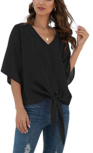 VIISHOW Women Bell Sleeve Shirt Tie Knot Casual Chiffon Blouses Tops, Pure Black, X-Large