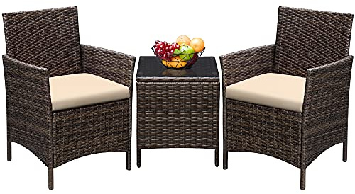 Greesum 3 Pieces Patio Furniture Sets Outdoor PE Rattan Wicker Chairs with Soft Cushion and Glass Coffee Table for Garden Backyard Porch Poolside, Brown and Beige