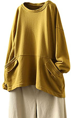 FTCayanz Donna Manica Lunga Camicia Girocollo Oversize Felpa Casual Tunica Pullover Top con Tasche Giallo XXL