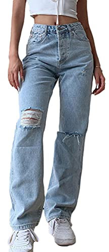 Minetom Damen High Waist Jeans Stretch Jeanshose Zerrissen Destroyed Loose Fit Jeanshose Boyfriend Denim Gerade Hose A Blau L