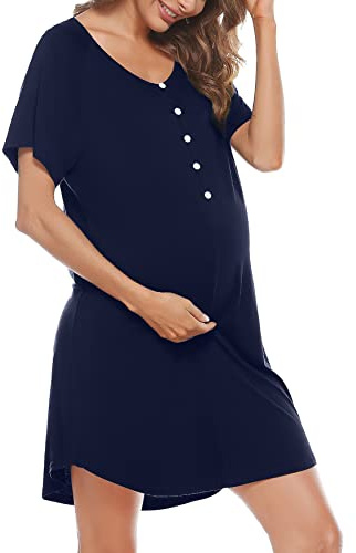 Uniexcosm Women's Maternity Nightdress Button Breastfeeding Nightwear Soft Nursing Nightgown for Pregnancy Short Sleeve Maternity Pyjamas Loungewear Dark Blue