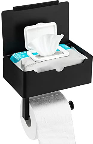 Toprema Matte Black Toilet Paper Holder Tissue Roll Hanger with Shelf Flushable Wipes Dispenser Storage Box Large Stainless Steel Bathroom Lavatory Hardware Wall Mount Adhesive