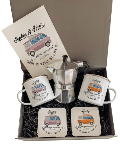 Pomchick - Personalised Campervan Enamel Camp Mug Set with Coffee Maker Coaster Card | Personalised Motorhome Gifts | His Hers Accessories Camping | Retro Caravan | Gift for Her Him