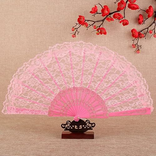 PTNKUIIY Ventaglio a mano in pizzo, stile vintage, ventaglio a mano, scomparti per rinfrescare l'estate, matrimoni, compleanni, feste, Halloween, carnevale, rosa