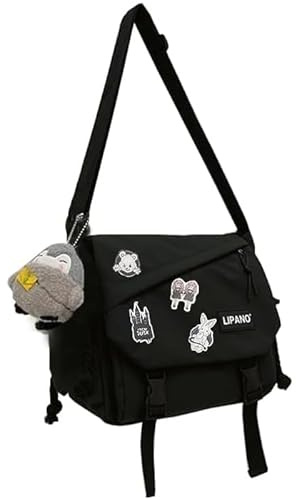 Inshere Cute Messenger Bag with Kawaii Pins and Ornament, Casual Y2K Crossbody Bag for Women Black