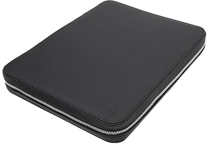 OBI PELLE Obipelle top grain läder laptop & surfplatta fodral, läder dragkedja affärsmapp med 4 kortplatser, dokumenthållare och pennfack (svart), Svart