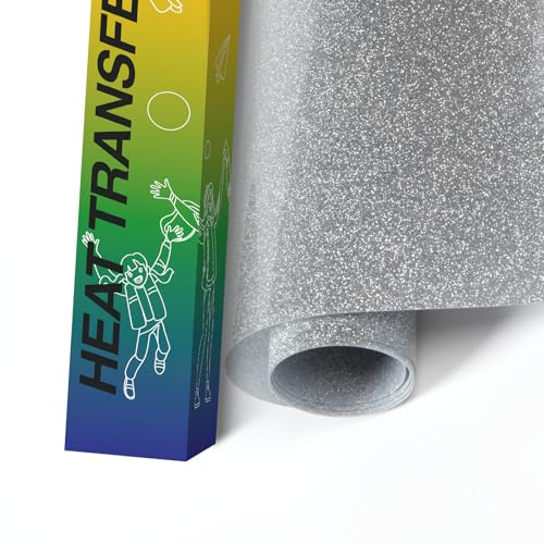 HTVRONT Smart Iron On Vinyl - 13in x 3ft, Silver Glitter HTV Heat Transfer for T-Shirts, Easy to Cut & Weed