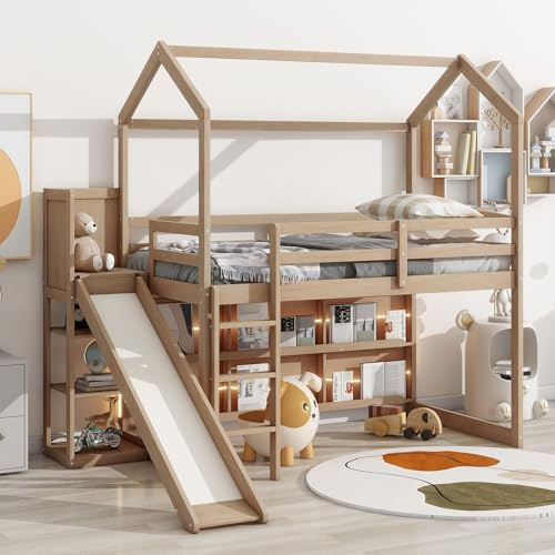 Harper & Bright Designs Wood Loft Bed Twin Size with Slide, House Shaped Loft Bed with Storage Shelves and Light, Playhouse Bed for Kids, Wood Color