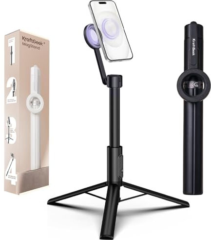 KraftGeek Magnetisches Handy Stativ Selfie Stick mit MagSafe, Smartphone Stativ bis 163cm, Selfiestick für iPhone 12–17 Pro Max, Handystativ & Tripod für Creator, Schwarz