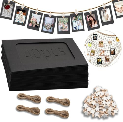 Ziamzra 40 Pezzi Corda Portafoto 10x15 cm Cartoncino Portafoto di Classe Nero con 40 Pezzi Clip e 8m Corda da Appendere Portafoto Cartoncino per Decorazione Mariage Compleanno Natale