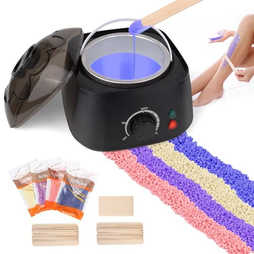 Waxing Kit for Hair Removal, Intelligent Temperature Wax Machine with 4 Different Wax Bean and 30pc Sticks,Use for Hands Legs Eyebow Lip Armpit Bikini Line, Home Wax Heater Painless Wax Kits