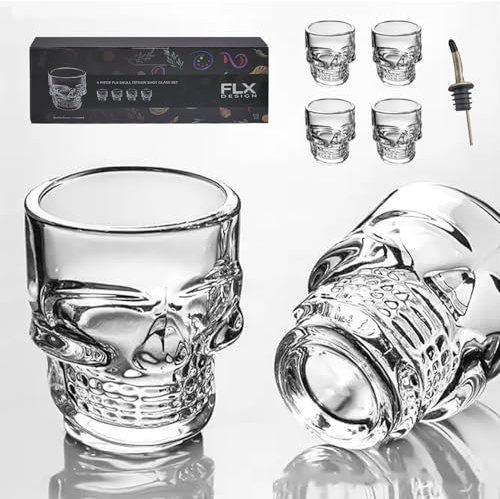 FLX Skull Shot Glasses. Gift Set. 4X Skull Shaped Tequila Shot Glass + Bottle Pourer. Crystal Clear Glass. Dishwasher Safe. 50ml