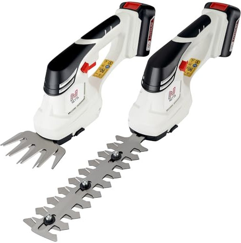 NETTA Cisaille à gazon et taille-haie 2 en 1 avec batterie lithium-ion rechargeable 12 V 1500 mAh, cisaille à bordures et arbustes, 2 lames interchangeables, léger, coupe-bordure de jardin, sécateur