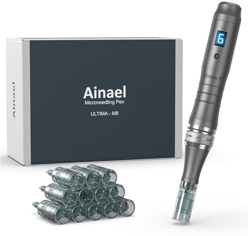 Ainael Ultima M8 Microneedling Pen, Macchina Professionale Microneedling Senza Fili, Microneedling Penna Kit per Viso Corpo Capelli Barba Crescita Regalo per Donne - 12 Cartucce di Ricambio