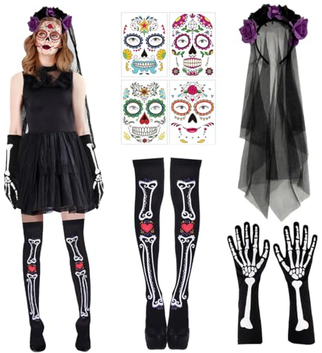 Halloween Jour des Morts Bandeau, Deguisement Jour des Morts Femme, Serre Tête Dia De Los Muertos, Chaussette Haute Squelettes, Halloween Tatouages Visage, Deguisement Halloween Accessoires Cosplay
