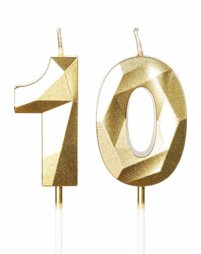 mciskin Gold 10th Birthday Candles, 3D Number 10 Candles for Cake, Girls Boys 10th Birthday Decorations,Pearl Gold Candle Cake Topper Decorations for Birthday Party Weddings Anniversary Supplies