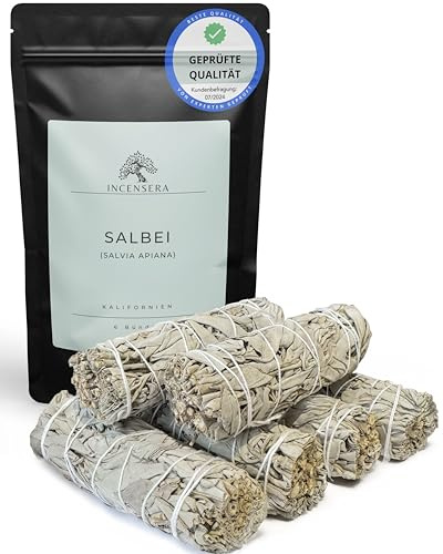 Incensera Weißer Salbei, 6 Stück Räucherbündel, Smudge Stick, Getrockneter White Sage, Natur Räucherwerk