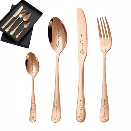 custyoulife Custom Engraved Cutlery Set, 1 Set of 4 Rose Gold Stainless Steel Flatware, Personalized Adult Cutlery Set, Fork, Knife, Spoon, Teaspoon, Modern Style, Dishwasher Safe