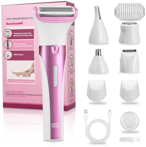 Rasierer Damen, 5-in-1 Epilierer Damen, Intimrasierer für Frauen, USB-Aufladung, Damenrasierer Elektrisch, mit Digitaler Anzeige, Damen Rasierer, für Körper, Achseln, Bikini, Augenbrauen und Nase-Lila