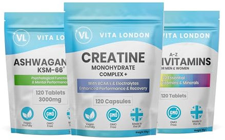 Gym Supplement for Men & Women | Creatine Monohydrate, Ashwagandha KSM-66 Organic & Multivitamin | High Strength Tablets/Capsules Ideal for Workout