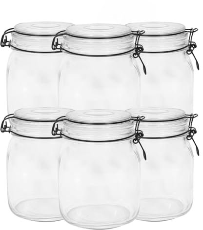 Glass Storage Jars with Lids 1L - Set of 6 | Clip Top Airtight Glass Storage | Perfect for Coffee, Tea, Pasta, Cereal, Biscuits & Dry Food | Clear Kitchen Organiser | Preserving & Spice Containers