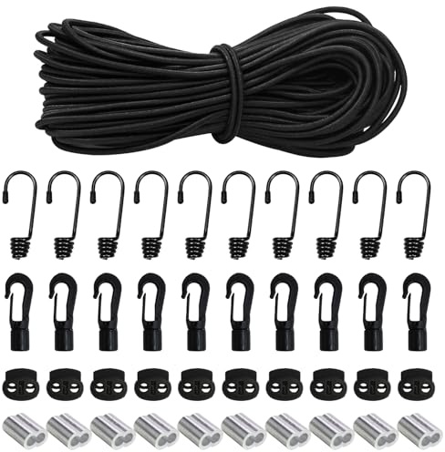 15m Corde Elastiche 5mm, Resistente All'usura, Elevata Elasticità, Corda Elastica, set Completo Facile da Usare, Adatto per Accessori da Campeggio, Accessori per Attrezzature Sportive (Nero)