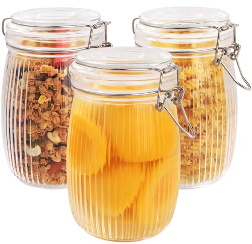 FoiiLiio Set di 3 Barattoli Ermetici con Chiusura a Clip da 1000ml,Barattoli con chiusura a leva,Barattoli per Fermentazione,per inscatolamenti da cucina,avena notturna,sottaceti,spezie