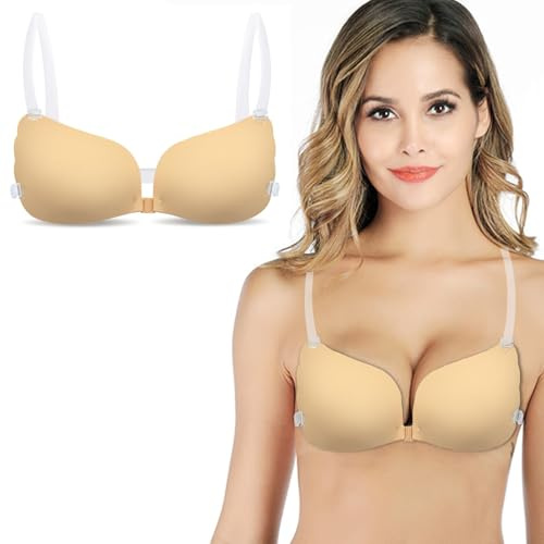 DiiWmme Sticky Backless Push Up Bra 1 Pack, Reusable Invisible Self Adhesive Bra for Women, Strapless Bra with Removable Clear Straps, Perfect for Wedding Backless Dresses(Skin, D)