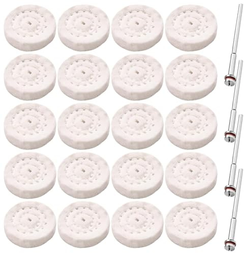 MOLERRI Ensemble de Roues de Polissage 24 Pièces de 25 mm Disques de Polissage en Coton pour Compatibles avec et Forets à Main, Tiges Métalliques