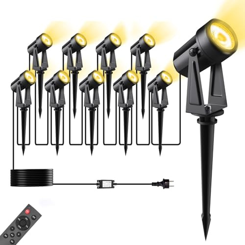 Pogestrand LED Gartenbeleuchtung mit Strom mit Remote,32M/105FT 10er-1 Set,2500LM 2Wx10 Gartenstrahler 27V COB IP65 Wasserdichter Strahler Warmweiß mit Erdspieß für Außen Garten Yard