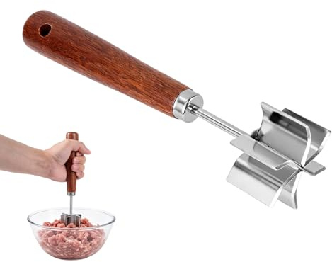 Picadora de Carne, Acero Inoxidable Picadora de Carne Molida con 6 Cuchillas Curvas & Mango Madera Utensilios Cocina Esenciales para Pollo Desmenuzado Puré Patatas Ketchup
