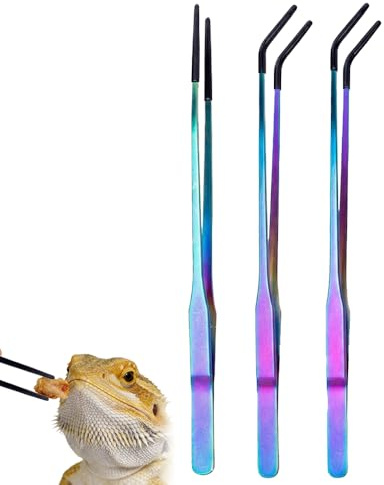 Jdbefuy 3 Pcs Reptile Feeding Tongs with Rubber Tips, Stainless Steel Feeder Tweezers, Straight and Curved Pliers Tool for Bearded Dragons, Lizards, Snakes and Tarantulas, Terrarium Accessories Set