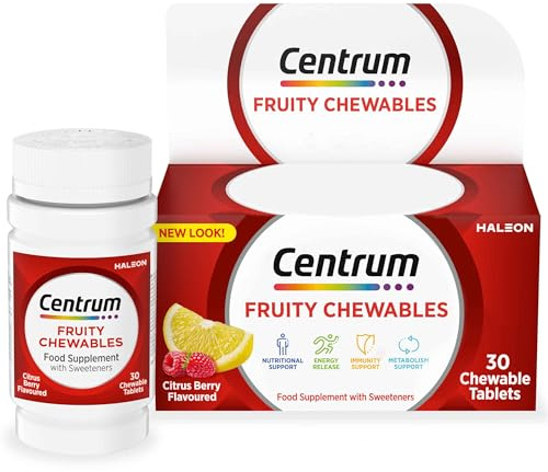 Centrum Fruity Chewables Multivitamin Tablets, chewy vitamins for adults, with 13 essential vitamins including vitamin C, D, and Zinc, 30 ct