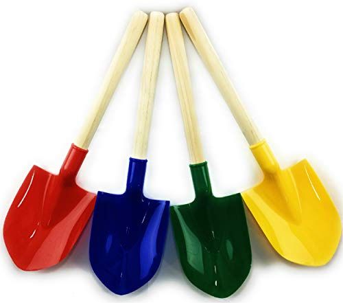 Matty's Toy Stop 16.5 Wooden Mini Sand Shovels for Kids with Plastic Spade (Red, Blue, Green & Yellow) Complete Gift Set Party Bundle - 4 Pack