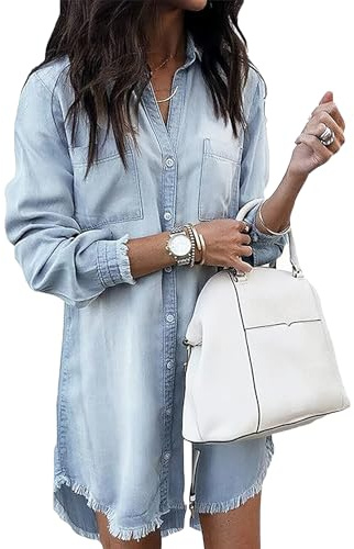 Zilcremo Women Denim Shirt Dresses Long Sleeve Distressed Jean Dress Button Down Casual Tunic Top Lightblue M