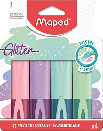 Maped - Textmarker, Leuchtmarker FLUO PEPS PASTELL GLITTER - x4 Marker mit Glitter-Partikeln (grün, hellblau, lila, rosa)