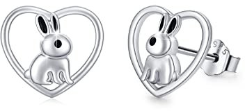 Kaninchen Ohrringe 925 Sterling Silber - Herz Ohrstecker, Tier Schmuck für Damen, Mädchen, Tochter - Muttertagsgeschenke für Mama