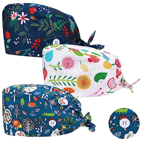 Yolev 3 Stück OP Haube Verstellbar Stoff Op Haube mit Knopf Arbeitskappe Baumwolldruck Kranken schwesternkappe Unisex Staubhauben Kappe（Obst Stil）