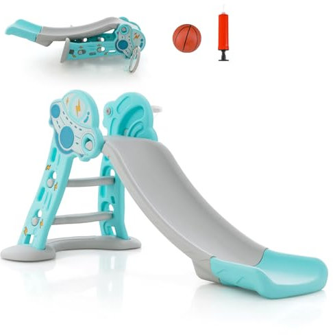 DREAMADE 3 IN 1 Rutsche mit Baskerballkorb, Freistehende Rutsche für Indoor & Outdoor, Kinderrutsche für Kinder ab 18 Monaten (Blau)