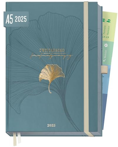Häfft® Organizer Day by Day Deluxe 2025 A5 Blue Ginkgo 1 Tag 1 Seite - Tageskalender, Tagesplaner, Terminkalender, Terminplaner, Buchkalender - nachhaltig & klimafreundlich